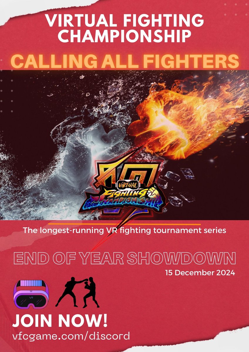 🎮 Join the End-of-Year Showdown! 🎉

Virtual Fighting Championship (VFC) is a #VR #fightingGame inspired by #streetfighter and #Tekken. Since 2019, we’ve hosted the longest-running VR fighting tournament series, and our community is one of the most active and friendly out there!