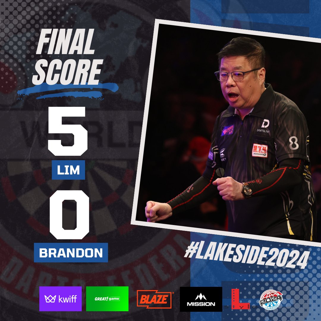 DartsWDF's tweet photo. 𝗔𝗯𝘀𝗼𝗹𝘂𝘁𝗲 𝗟𝗜𝗠𝗦 𝗮𝘁 𝘁𝗵𝗲 𝗟𝗮𝗸𝗲𝘀𝗶𝗱𝗲!

The Paul Lim story has another chapter as the Singapore Slinger reels 14 consecutive legs to dispatch Jason Brandon 5-0. 

He will take on Ireland's Shane McGuirk in tomorrow's final!
 
#Lakeside2024 https://t.co/fA6K1pRI5H
