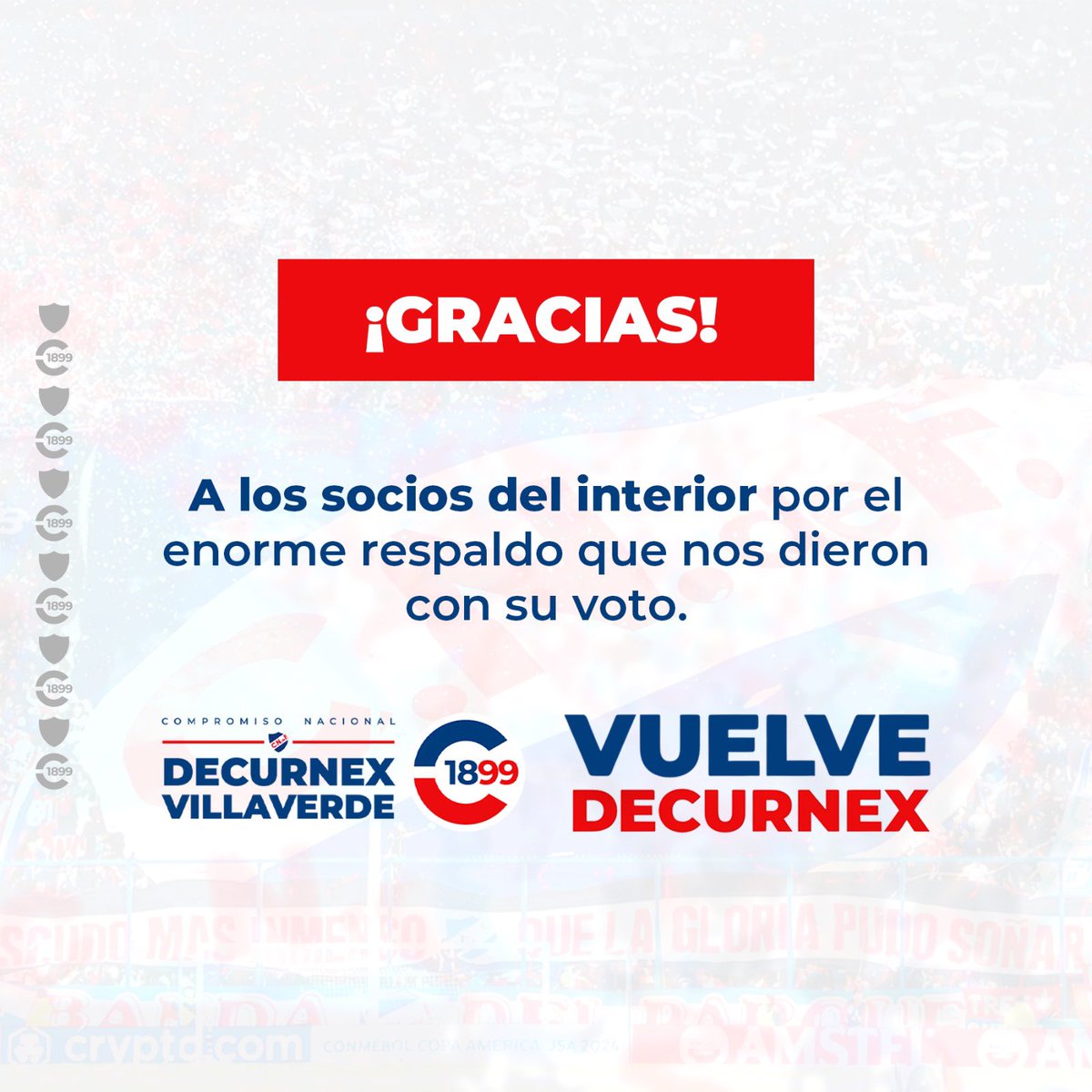 ¡Gracias!

𝐕𝐚𝐦𝐨𝐬 𝐩𝐨𝐫 𝐥𝐚 𝐆𝐥𝐨𝐫𝐢𝐚 🔵⚪️🔴
𝐂𝐨𝐦𝐩𝐫𝐨𝐦𝐢𝐬𝐨 𝐍𝐚𝐜𝐢𝐨𝐧𝐚𝐥 𝟏𝟖𝟗𝟗 
𝐃𝐞𝐜𝐮𝐫𝐧𝐞𝐱 - 𝐕𝐢𝐥𝐥𝐚𝐯𝐞𝐫𝐝𝐞

#Decurnex #Villaverde #CompromisoNacional1899 #Nacional #CompromisoNacional #JoséyTatu#VamosPorLaGloria #EleccionesNacional2024