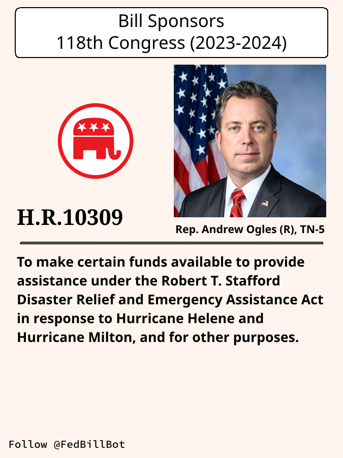 FedBillBot's tweet image. H.R.10309
To make certain funds available to provide assistance ...

SPONSOR: @RepOgles @AndyOgles
№ CO-SPONSORS: 0

STATUS: Introduced

LATEST ACTION: House floor - 2024-12-05 Referred to the ...

#Republicans

congress.gov/bill/118th-con…