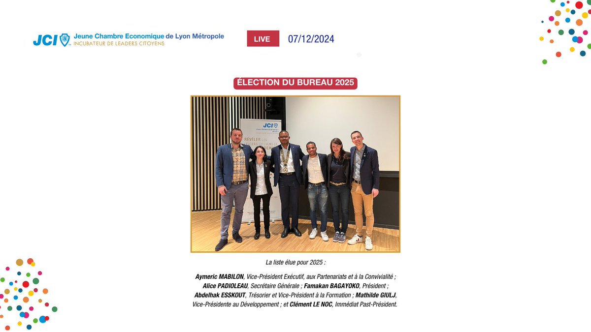 🚨[FLASH INFO] 🚨

😃 Heureux de vous présenter notre Bureau 2025, élu ce jour lors de notre Assemblée Générale élective ! 

<a href="/JCE_France/">jce_france</a>  <a href="/JCEAURA/">Fédération JCE AURA</a> <a href="/clement_ln/">Clém_ent</a> 

#lyon #jcef #engagement