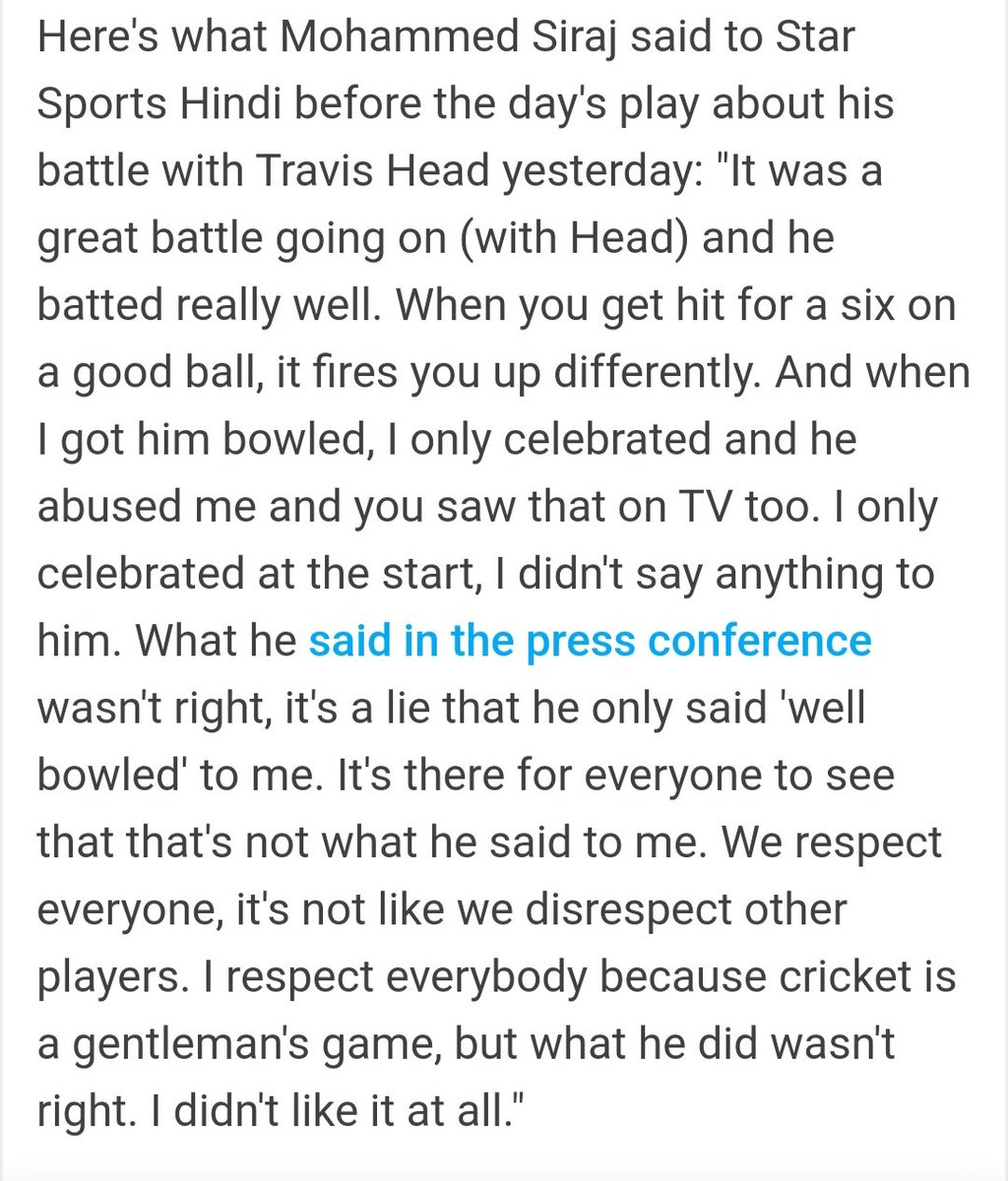 Said it multiple times yesterday that Head's perspective was flawed.. Would have been great for either side to meet after play and shake hands.. But what's sad to see is Siraj being blamed without anyone waiting for his side

#BGT2025 #INDvsAUS #Siraj #Cricket #TestCricket