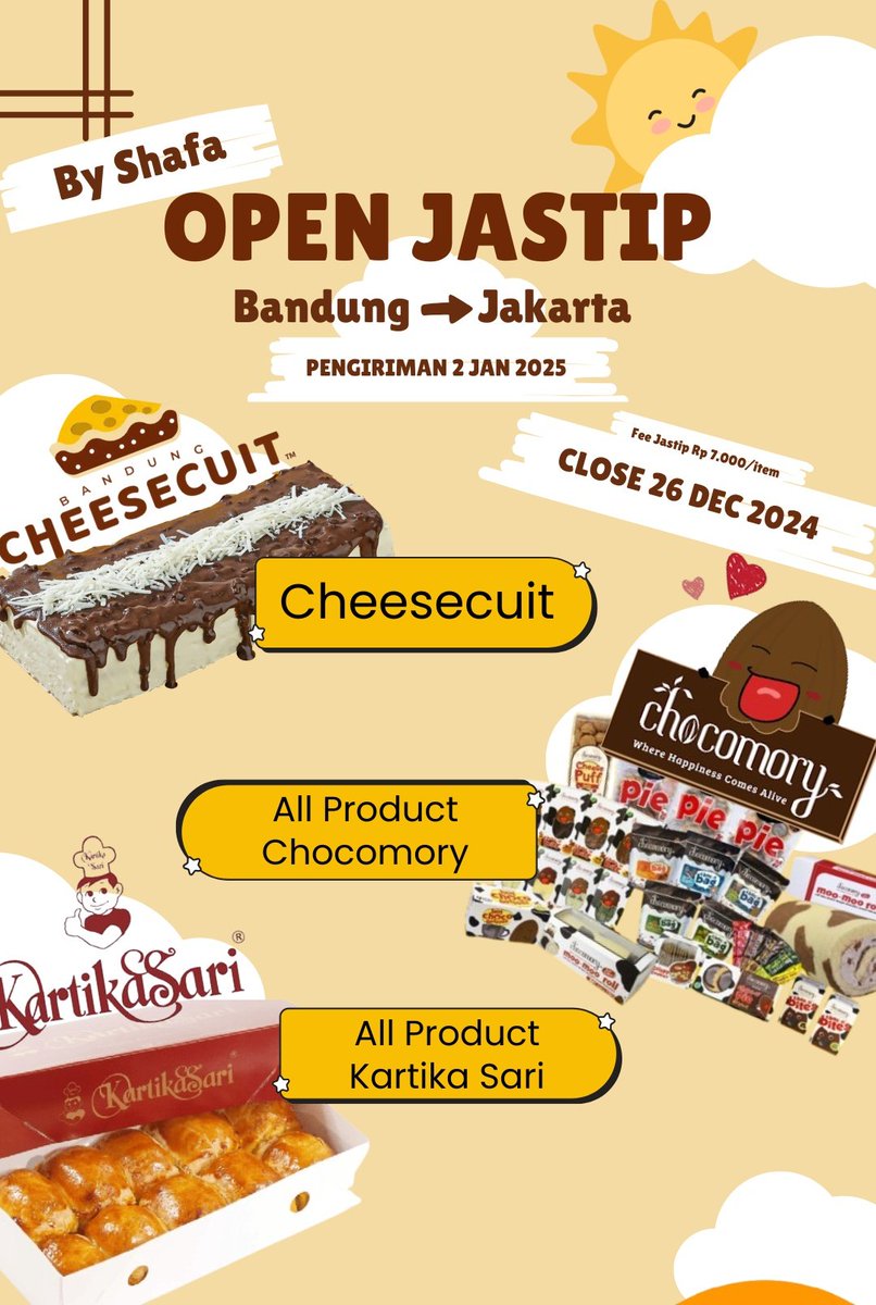 hihi open jastip oleh oleh bandung lagii untuk dom jkt yaah
pengiriman dari jakpus all details ada di foto atau dm aja yah! 🌞🌤
