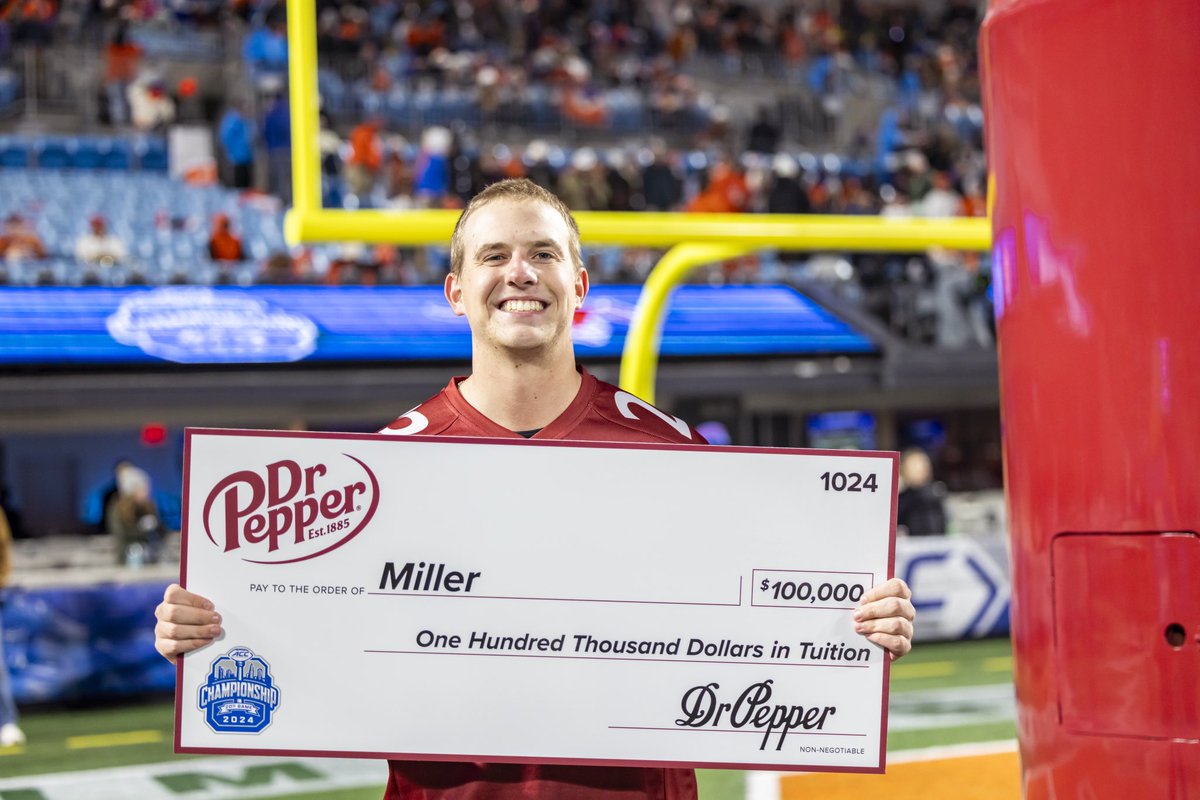 drpepper's tweet photo. Miller hit the buzzer at the #ACCchampionship and will be heading home to finish out his degree in Neuroscience with $100k in tuition! Well done, Miller! 👏#DrPepperTuitionGiveaway https://t.co/xQOWWEzbjB