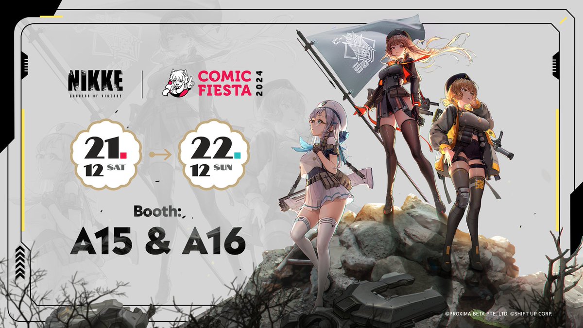NIKKE_en's tweet photo. 【GODDESS OF VICTORY: NIKKE at Comic Fiesta 2024】

NIKKE is coming to Comic Fiesta @ KLCC, Malaysia! 💥

Spend a fun-filled weekend with NIKKE from Dec 21-22! 

We can't wait to meet all of you. Commanders, see you there!

#NIKKE https://t.co/9L8saZJdCC