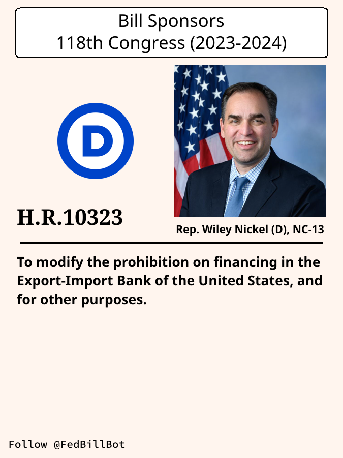 FedBillBot's tweet image. H.R.10323
To modify the prohibition on financing in the ...

SPONSOR: @RepWileyNickel @wileynickel
№ CO-SPONSORS: 1

STATUS: Introduced

LATEST ACTION: House floor - 2024-12-06 Referred to the House ...

#Democrats

congress.gov/bill/118th-con…