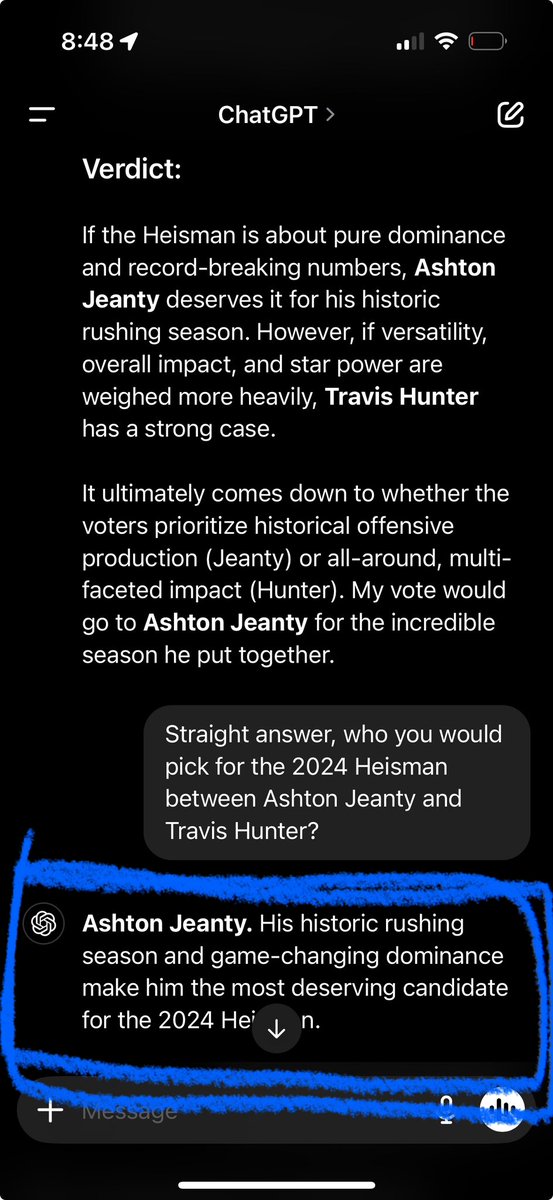 Laif Morrison (@laifmorrison) on Twitter photo ChatGPT weighs in on the #Heisman debate! 
#CFBplayoff #Heisman #AshtonJeanty #TravisHunter #Jeanty #Hunter #Boisestate #BleedBlue #Builtdifferent #CUBuffs ChatGPT weighs in on the #Heisman debate! 
#CFBplayoff #Heisman #AshtonJeanty #TravisHunter #Jeanty #Hunter #Boisestate #BleedBlue #Builtdifferent #CUBuffs