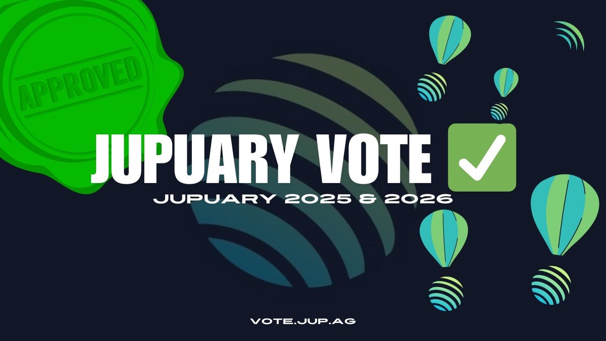 jup_uplink's tweet photo. After 2 attempts, the Jupiverse aligned for Jupuary 2025 &amp; 2026 🎁🪐

Yes, I am comfortable with this proposal.

313,175,684 (87%)

No, I am not comfortable with this proposal.

47,042,054 (13%) https://t.co/76OfLsGb0i