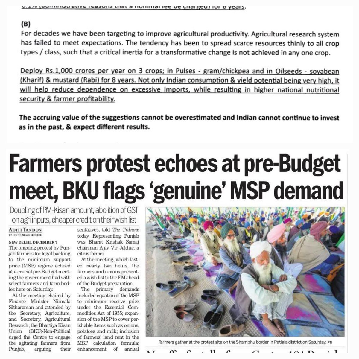 SandeepJakharpb's tweet photo. A very pertinent suggestion by @Ajayvirjakhar at the pre budget meeting on agriculture with FM @nsitharaman ji regarding picking a few crops & then focusing & deploying resources for them as the agricultural research system has not been keeping up due to resources being spread thin...& with effects of global warming kicking in, research is needed more than ever...@anshumalini3  @thetribunechd @InderpreetPress