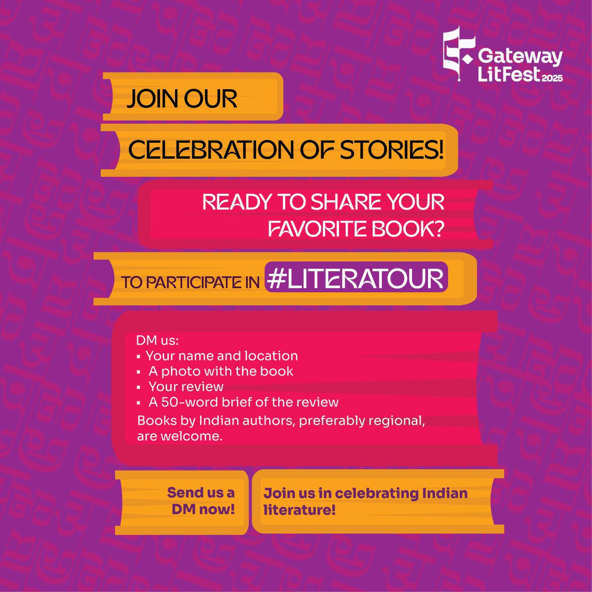 gatewaylitfest's tweet photo. From classics to contemporary, let’s spotlight the best of Indian literature! Submit your book reviews for #LiteraTour and be part of the Gateway LitFest's literary journey. Enter now!

DM us for more details!

#GatewayLiteratureFestival #GLF2025 #Litfest #Literature #Mumbai https://t.co/nHIIrAF2KU