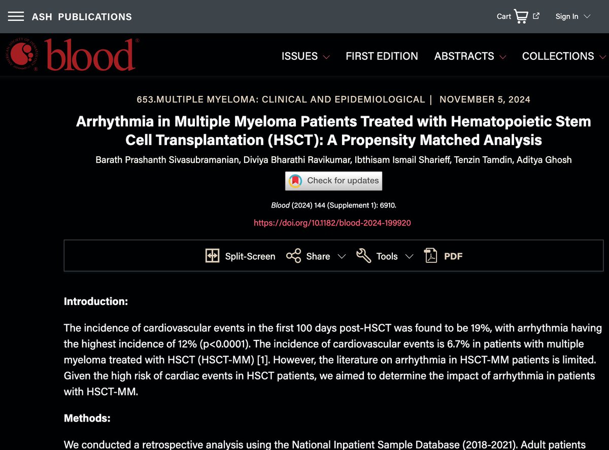 Excited to announce our article, Arrhythmia in Multiple Myeloma Patients Treated with HSCT, has been accepted at the ASH Conference &amp; published in BLOOD! <a href="/BarathPrashan18/">Barath P Sivasubramanian</a> <a href="/oncodaily/">OncoDaily</a>  
#ASH2024 #MultipleMyeloma #HeartFailure #HSCT #BLOODJournal