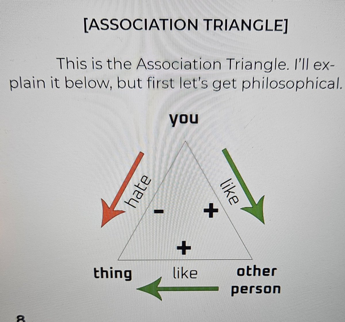 ItIsHoeMath's tweet photo. Great example of the triangle exercise from my Self-Maximize packet, which I hope to include soon in the coding of https://t.co/x6JeRlJXjQ.

She likes Trump and Taylor Swift, and it bothers her that Swift voted for Satan instead. It makes her want to listen to Swift less!

You can use this principle to change your own feelings about things in life. Want to quit porn? Take a good, hard look at people who waste their lives on it. Now you like it less! Want to get fit? Look at the way that fit people get treated - just the way you'd like to be!

I used the triangle to undo most of my insecurities - I realized they were based on messages given to me by people whose approval I no longer needed.
