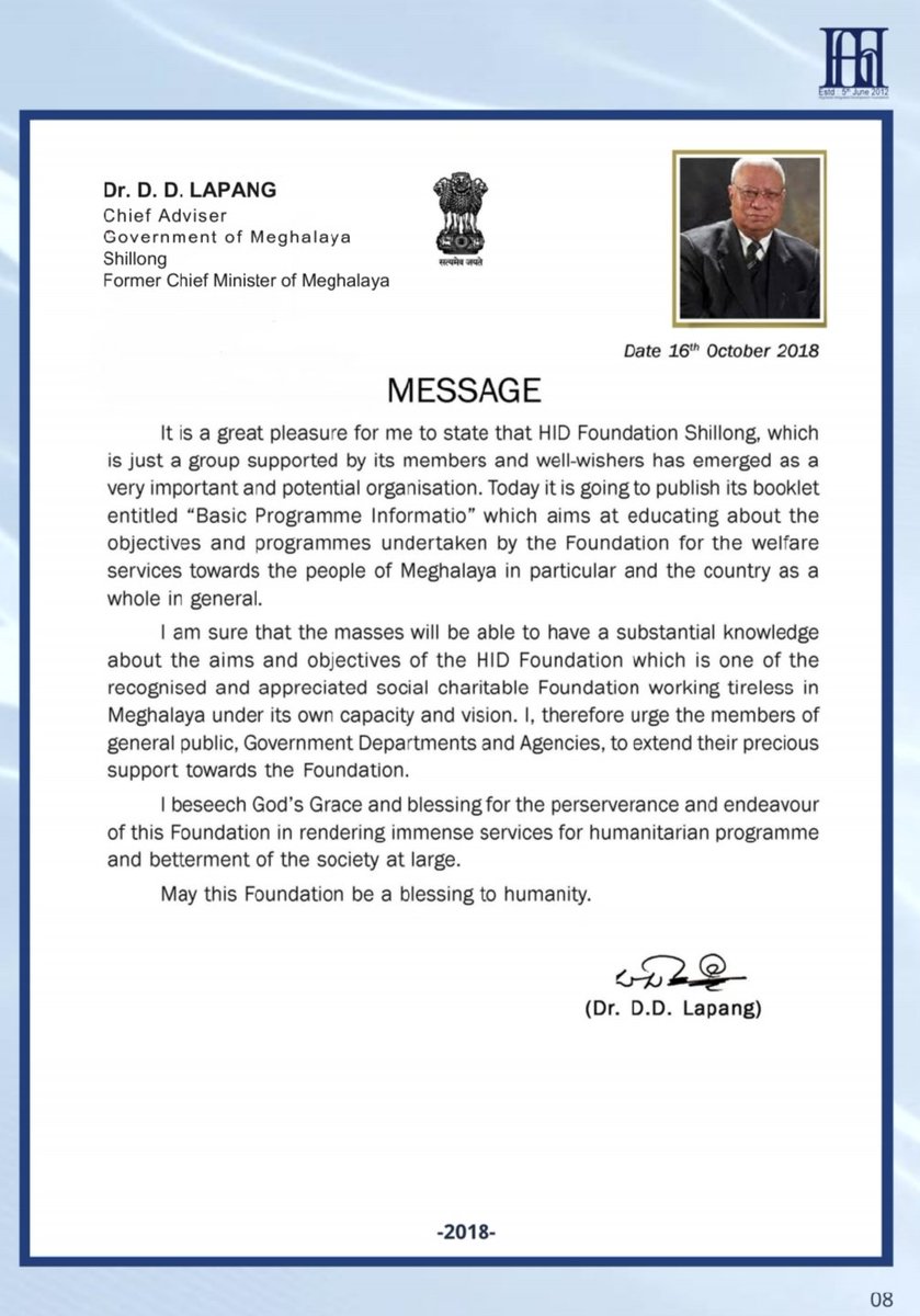 HidFoundation's tweet photo. #HidFoundation would like to express our sincere gratitude and thanks to our most respected Leader Former 5 Times Chief Minister of Meghalaya &amp; Chief Adviser to the Government Hon'ble Dr. #DDLapang for this inspiring message in our publications of 1st edition BPI book!📚 https://t.co/T744VhnXpw