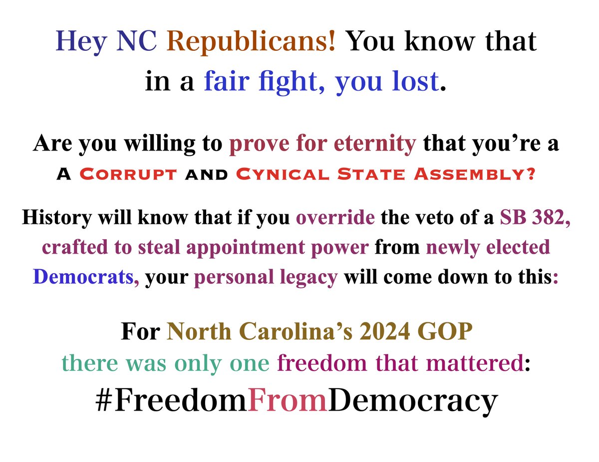 ProgVoters's tweet photo. @JustinParmenter Whether it's the NC Supreme Court or newly elected Democrats across almost all major state offices, the voice of the people must not be allowed to stand.
For the #NCGOP, the most important freedom is

#FreedomFROMdemocracy https://t.co/raF2I1hVZo