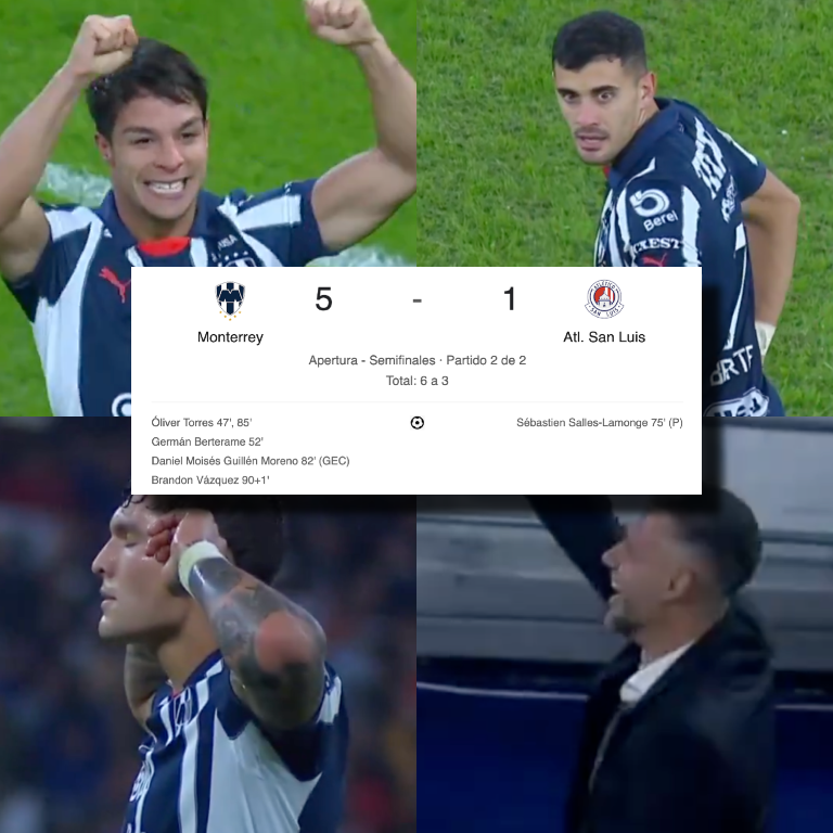 InvictosSomos's tweet photo. ➤ Volvieron a una FINAL de Liga MX tras 5 años de ausencia.
➤ Martín Demichelis arriesgó desde el planteamiento inicial y sus jugadores le respondieron.
➤ Óliver Torres marcó su primer doblete con Rayados y jugó su mejor partido desde que llegó a México.
➤ Germán Berterame volvió a marcar y está encendido en el momento más importante del torneo.
➤ El Superman Vázquez se reencontró con el arco rival.
➤ Canales y Ocampos dieron una exhibición de compromiso, despliegue físico y sacrificio total por el equipo. 
➤ Golearon al club que eliminó a su rival de ciudad.

Noche mágica para todos los Rayados. 

EL SÁBADO PERFECTO DEL MONTERREY.