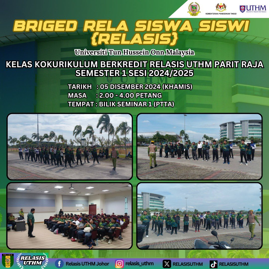 RELASISUTHM's tweet photo. Kelas Kokurikulum Berkredit RELASIS I Seksyen 1 UTHM Parit Raja Semester 1 Sesi 2024/2025

Pengajar: 
* Puan Hafizah binti Muhammad Elham

Tarikh: 05 Disember 2024
Masa: 2.00 petang - 4.00 petang
Tempat: Bilik Seminar 1 (PTTA) https://t.co/fgZHR5KwUw