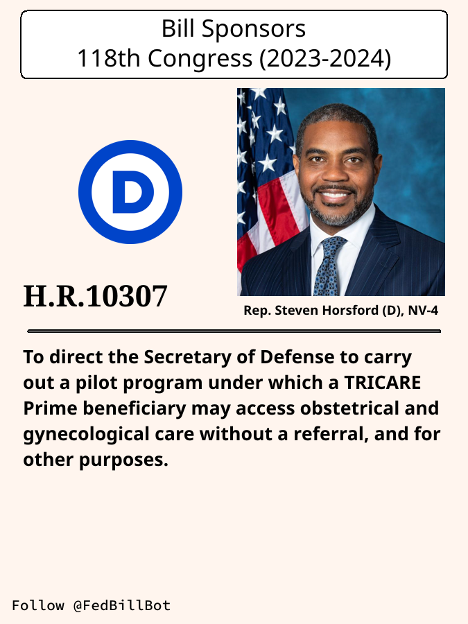 FedBillBot's tweet image. H.R.10307
To direct the Secretary of Defense to carry out a pilot ...

SPONSOR: @RepHorsford @StevenHorsford
№ CO-SPONSORS: 2

STATUS: Introduced

LATEST ACTION: House floor - 2024-12-05 Referred to the House ...

#Democrats

congress.gov/bill/118th-con…