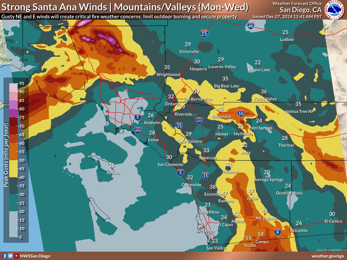 A red flag warning is in effect from Monday morning through Tuesday night. Moderate to locally strong Santa Ana winds will bring very dry air west of the mountains resulting in elevated to critical fire weather conditions. NE-E Santa Ana winds will be strongest Tuesday. #CAwx