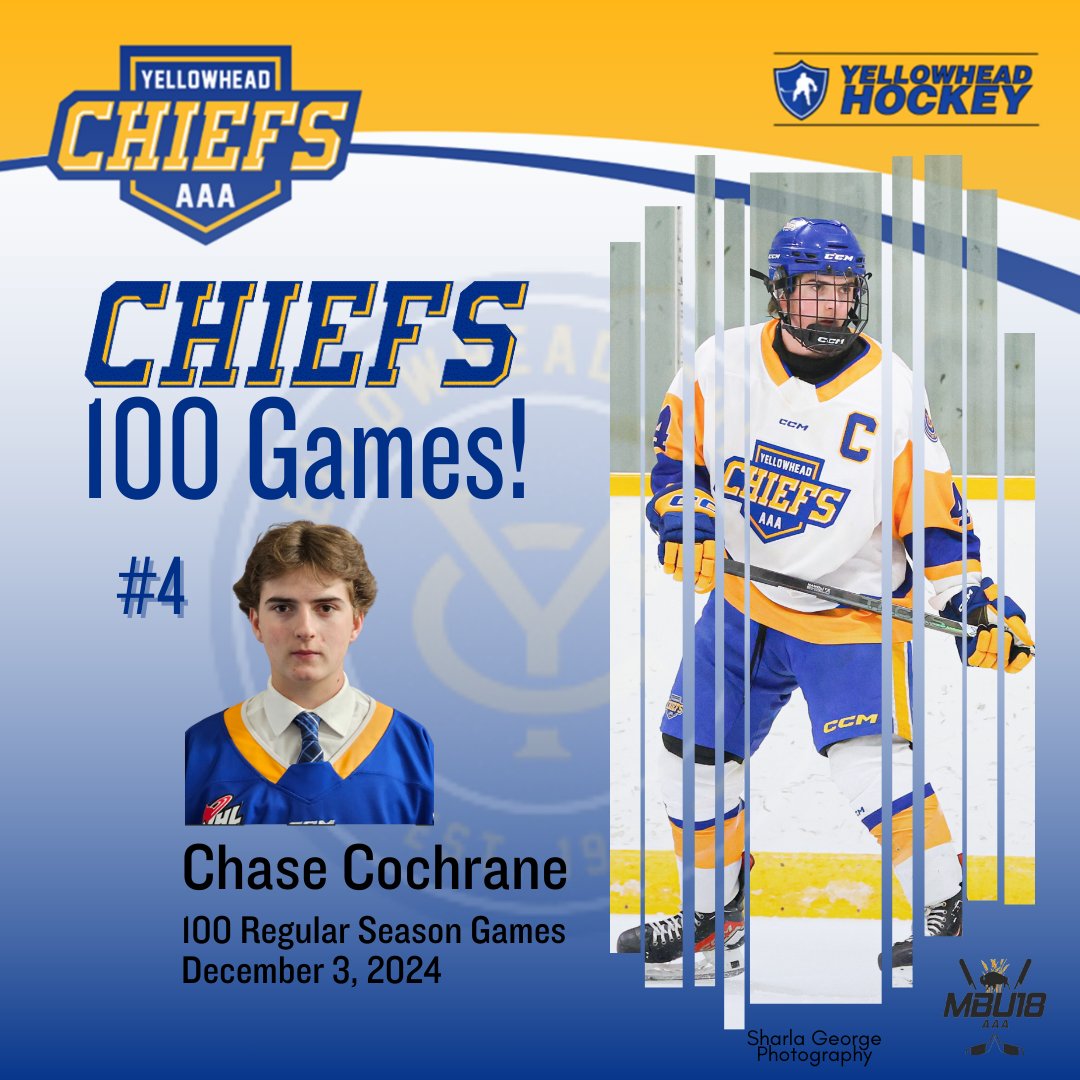 AAAU18Chiefs's tweet photo. Congratulations to Chiefs Captain, Chase COCHRANE who is playing his 100th regular season game tonight as a Yellowhead Chief! 
#LEVELEDUP
#CHIEFMILESTONE
#100GAMEVET
#CHIEFSPRIDE https://t.co/ZA7sNlOE9a