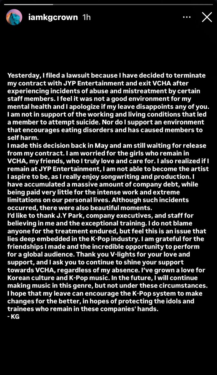 naevisualizer's tweet photo. WHAT'S HAPPENING WITH KG AND VCHA. A MUST READ!
TW // ABUSE & RACISM.

The 77-page document details the severe abuse, exploitation and racism KG and her group, VCHA, endured under JYPE. KG faced harsh schedules, emotional abuse and forced living arrangements, while being denied fair pay and basic human needs like rest, food and medical care. Injuries, including a torn shoulder tendon, were ignored and extreme financial burdens were placed on her, with JYPE charging her $500,000 for company expenses. Mental health issues, including self-harm and eating disorders, were dismissed and the company concealed a suicide attempt. Hidden surveillance further violated her privacy. Despite contributing to JYPE's significant profits, K.G was told she owed them money, reflecting gross exploitation and disregard for her welfare.

KG has filed a lawsuit to terminate her contract with JYPE and leave VCHA. She is still waiting for a release from her contract so let's spread the tags in support of her! 

#FightingforVCHA #WeLoveYouKG #AlwaysWithKG