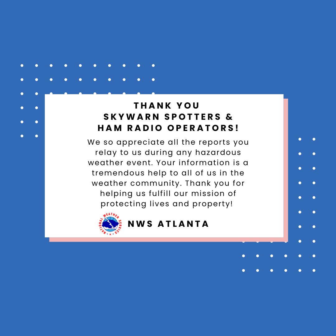 NWSAtlanta's tweet photo. SKYWARN Recognition day wrapped up at 7 PM ET today. We wanted to again say thanks to our SKYWARN volunteers who give us valuable information to help achieve our mission! #gawx https://t.co/DmvjbMDpkh