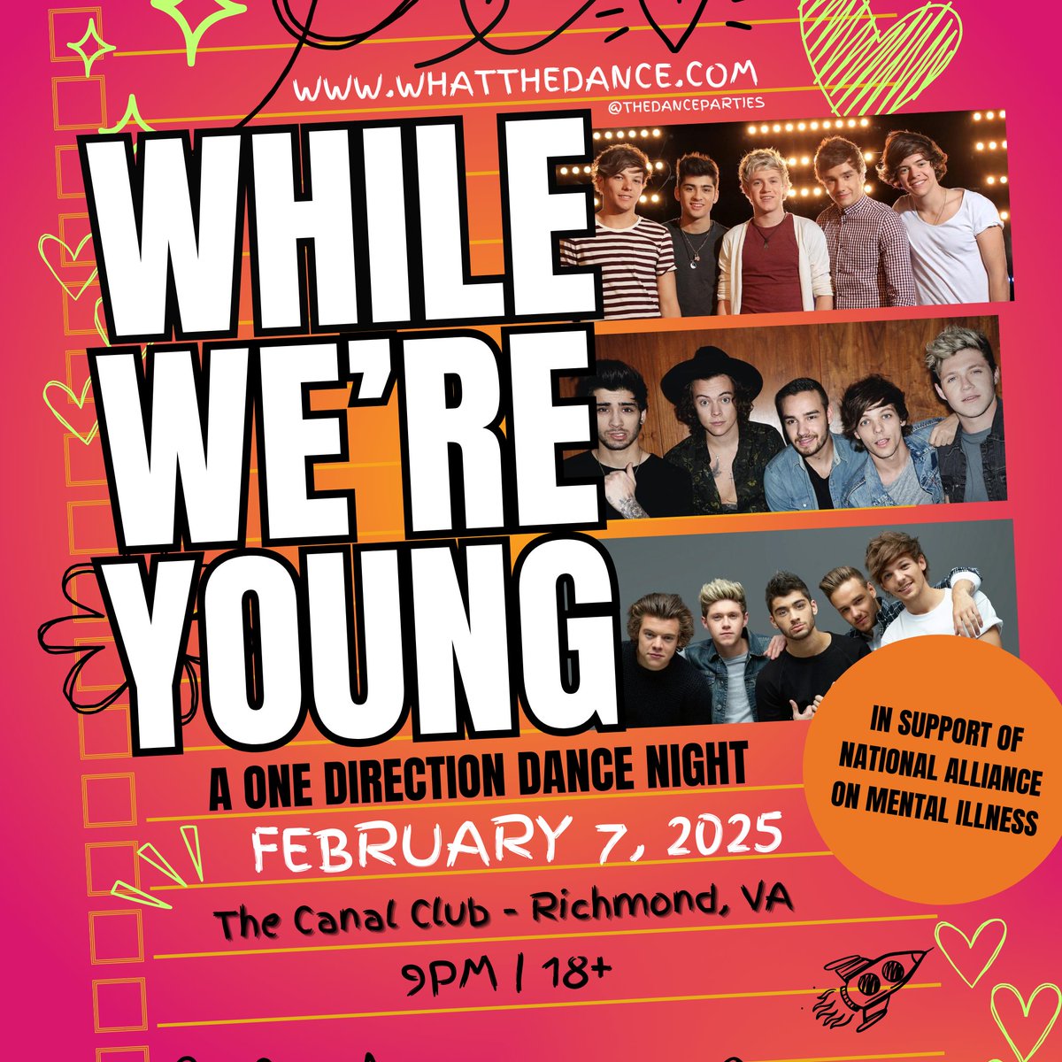 🆔TONIGHT: While We're Young | A One Direction Dance Night 
❤️‍🩹In Support of the National Alliance on Mental Illness
🚪Doors: 8:30 P.M | Show: 9:00 P.M.
🔞Ages 18+
💸DOS: $20
🎟️Tickets: thecanalclub.com