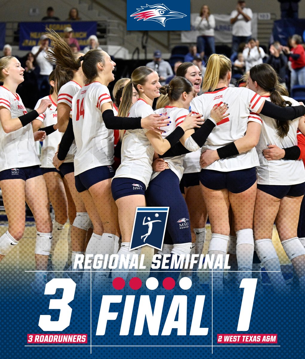 FINAL | #3-seed #MSUDenver 3, #2-seed WTAMU 1

🏐 Riley Anderson: 17 kills, 1 ace, 4 blocks, 25 digs
🏐 Annika Helf: 15 kills (.333 hitting), 21 digs, 2 blocks (1 solo)
🏐 Skyler Michael: 8 kills, 4 blocks
🏐 Kryssa Moerman: 6 kills, 9 blocks (2 solo)

#GetRowdy🔴🔵
