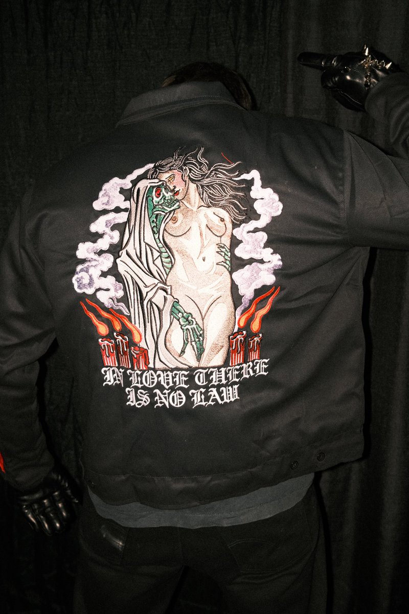 twtchngtongues's tweet image. “In Love There Is No Law” custom embroidered work jackets available tonight in Portland and next week in Buffalo.