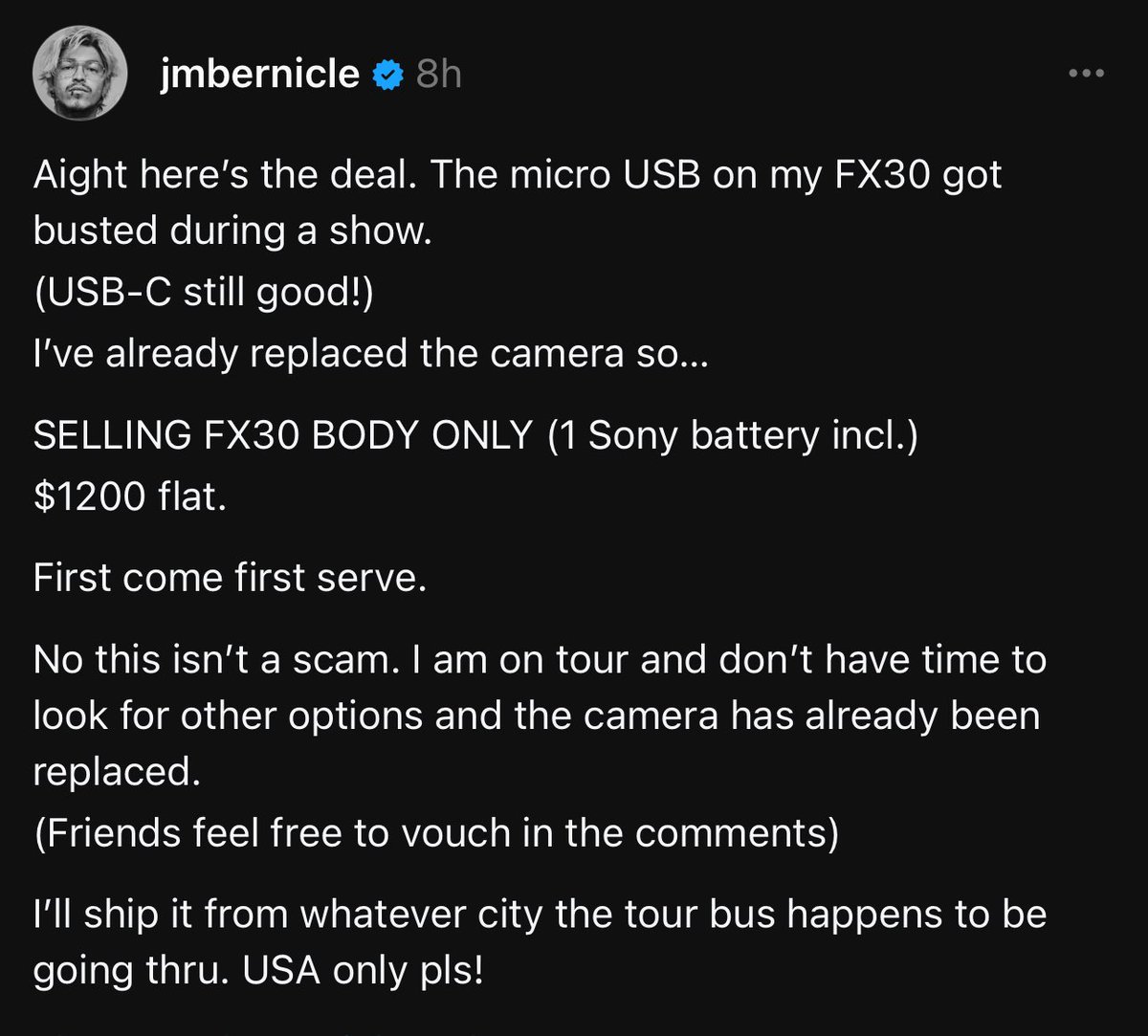 jmbernicle's tweet photo. Selling a #sonycine FX30 for $1200
Please read the description below first before asking me any questions.

HMU on IG @jmbernicle if I don’t see your message here! https://t.co/tepORxMl8B