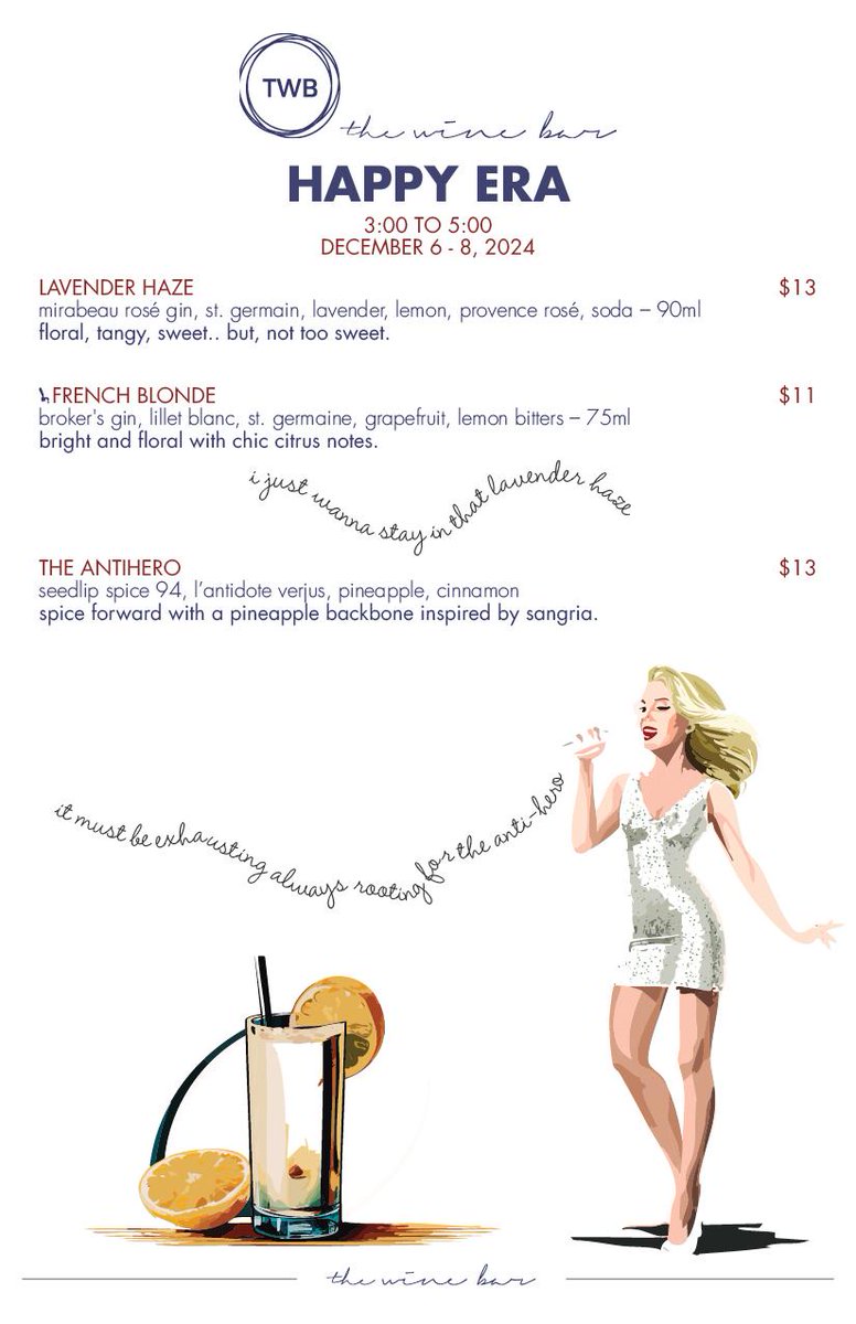 Night 2 of Taylor’s Eras Tour is here! 🎤✨ Celebrate with our Happy Era menu from 3-5 PM featuring Lavender Haze, French Blonde, &amp; Antihero cocktails! 💜🍸 Just 12 mins from BC Place—start your evening with us &amp; keep the magic going. 💕🎶

#ErasTourVancouver #TaylorSwift