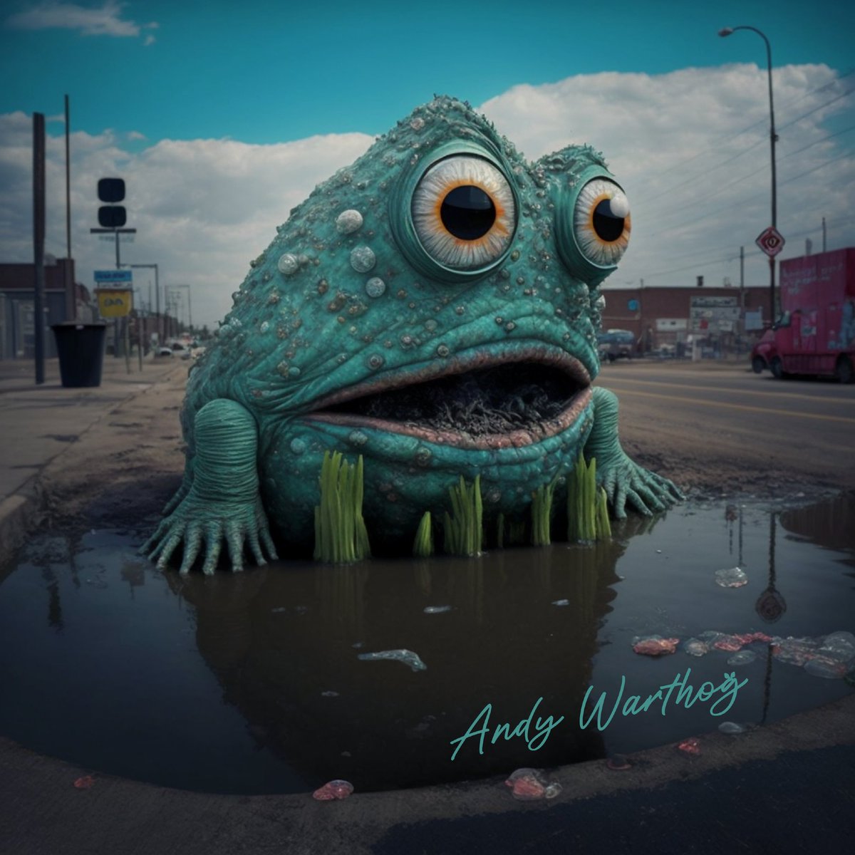 theandywarthog's tweet photo. Guess who's lurking in your local pothole? Say hi to 'Gus,' the amphibious king of inner-city woes and soggy mischief. #PuddleLife #AndyWarthog https://t.co/w5grqNHzS5