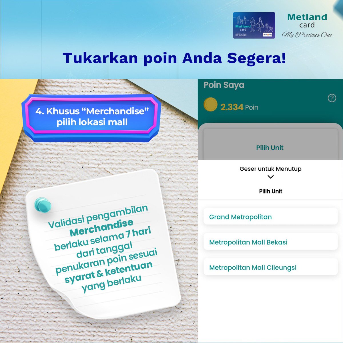 metlandcard's tweet photo. AWAS POIN HANGUS🗣️
Segera tukarkan poin Metland Card yang kamu miliki dengan berbagai pilihan merchandise menarik dan e-voucher melalui aplikasi Metland Card. 

📢Poin yang tidak ditukarkan akan hangus dan batas penukaran poin hingga 31 Desember 2024

#MetlandCard https://t.co/nIc6dVzkQM