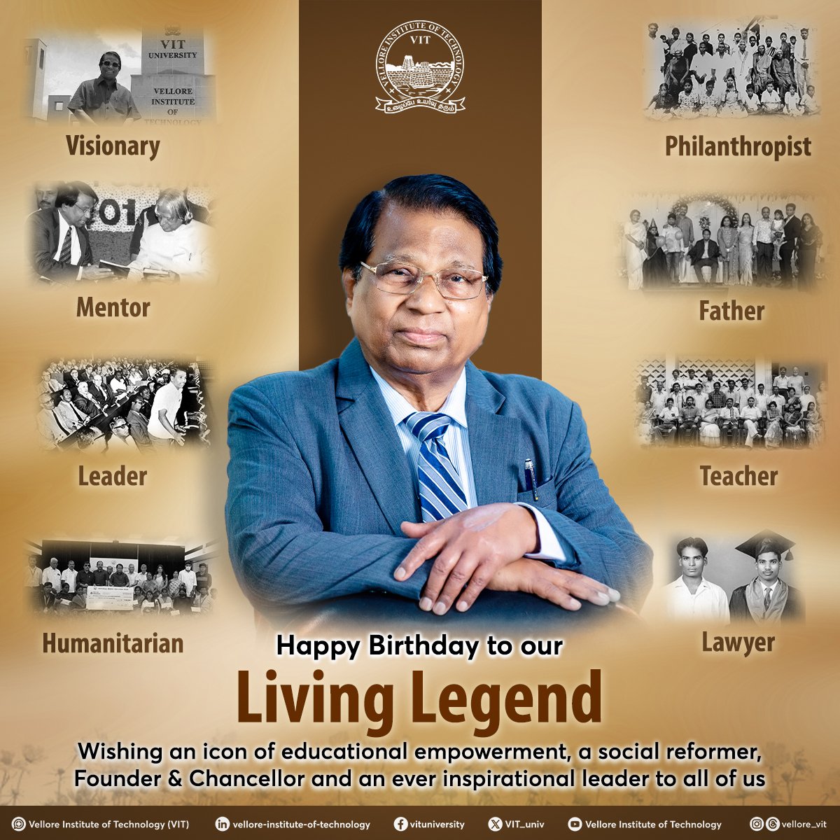 VIT_univ's tweet photo. On this 86th Birthday, we the entire VIT fraternity wish our Chancellor a healthy and happy birthday 

You are a true inspiration to many many generations!

#VIT #GViswananthan #HappyBirthday #Birthday #HappyBirthdayDrGV #VITLegacy #ExemplaryLeader #VisionaryLeader https://t.co/q3nSup1P2G