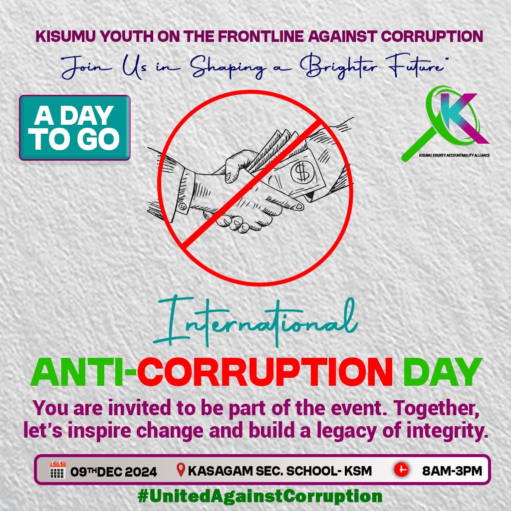 What are you personally doing to stem out corruption? Join us tomorrow in marking International Anti-Corruption Day 2024. 
#KisumuYouthAgainstCorruption 
<a href="/EACCKenya/">EACC</a> 
<a href="/KenyaNCCK/">NCCK Kenya</a> 
<a href="/KiscaAlliance/">Kisumu County Accountability Alliance</a> 
<a href="/BudgetChimoli/">Chimoli budget</a> 
<a href="/citizentvkenya/">Citizen TV Kenya</a> 
<a href="/CloudtonHampV_1/">Cloudton Hamp Ventures Sustainability Group</a> 
@DebateGuru