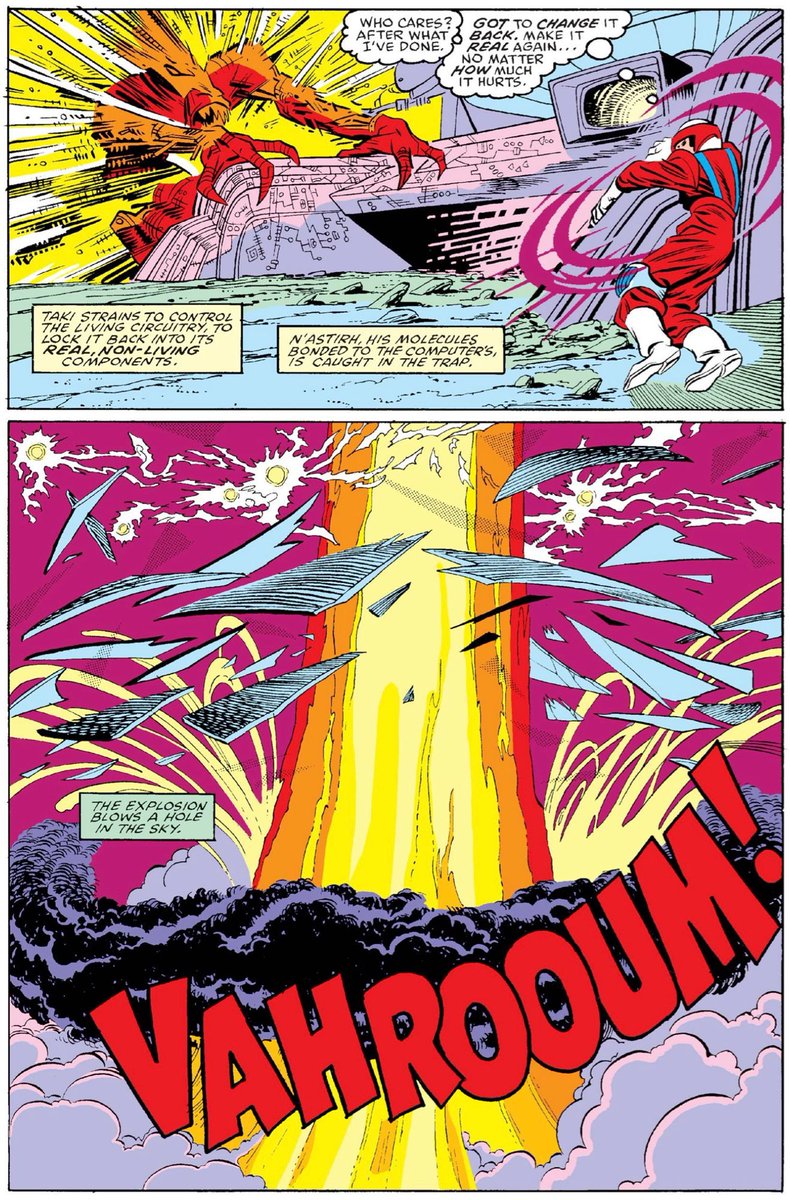 MarvelDailyArt's tweet photo. N’Astirh attempts to merge with the computer, but then Takashi uses his tech-based powers to blow it up. And see, even Taki thinks he destroyed the pentagram! It makes every comic satisfying, because every individual story shows those heroes saving the day. #marvel #xterminators https://t.co/Gp6wPSASNb