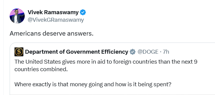JessicaBRiedl's tweet photo. Its so funny how they pretend that the foreign aid budget is shrouded in mystery.

If the DOGE guys would get off Twitter, there is a wealth of OMB, CBO, CRS, USAID, &amp; GAO reports providing excruciating detail on where this money goes. Its all public. Have an intern print it out. https://t.co/TTmdrhknvs