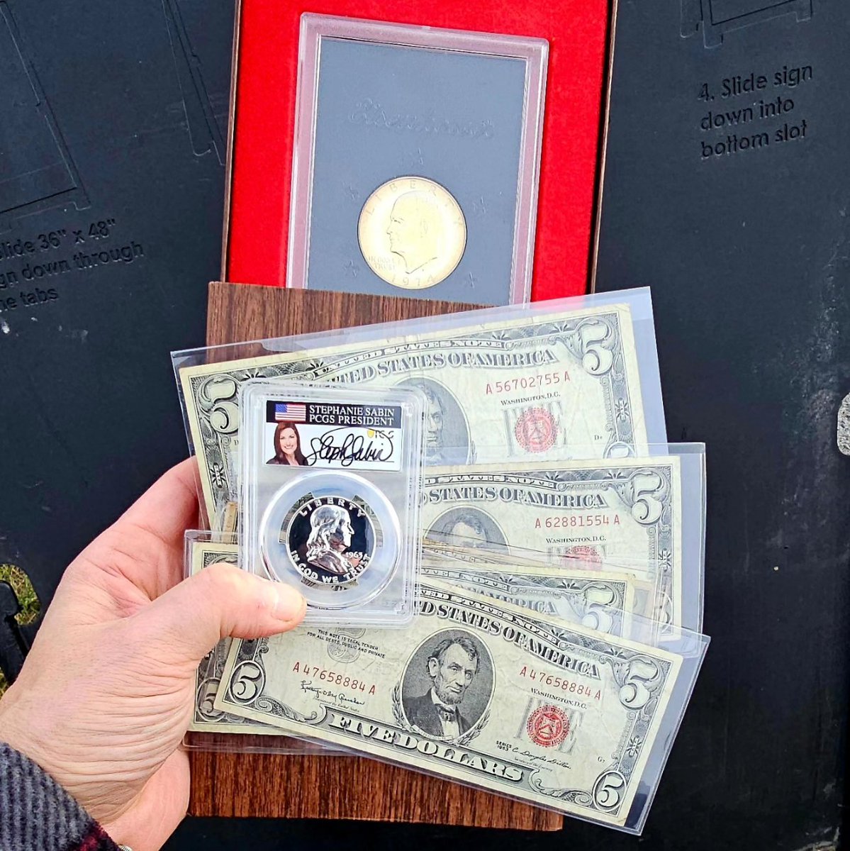 Chris_Roell's tweet image. Today was the day! I drove
my little Sparky car up to the Baltimore Stamp &amp;amp; Coin Show in Timonium, MD &amp;amp; came away with some red seal $5 dollar bills, a nice toned 1974-S Proof Eisenhower Dollar &amp;amp; a mirror like looking 1963 Proof Franklin Half-Dollar.
#today #coinshow #coins