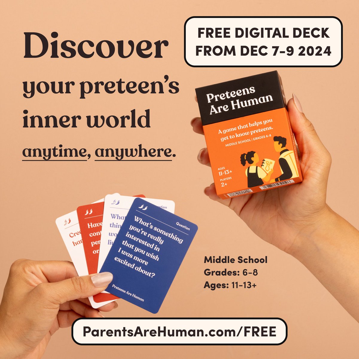 joejlam's tweet photo. 🎄 ADVENT CALENDAR GIVEAWAY 3️⃣/8️⃣! 💝

Every 3 days until Dec 24, we're giving away a free digital deck! 

Here's our newest deck made with teachers, counselors, parents, & their middle schoolers to help you get to know the preteens in your life 🧡

Dec 1–3: Loving Is Human (Dating Edition)
Dec 4–6: Children Are Human
Dec 7–9: Preteens Are Human
Dec 10–12: Gift Deck 4️⃣
Dec 13–15: Gift Deck 5️⃣
Dec 16–18: Gift Deck 6️⃣
Dec 19–21: Gift Deck 7️⃣
Dec 22–24: Gift Deck 8️⃣

Get this deck free (until 12/9): https://t.co/7Hz09TOt7U 🎁