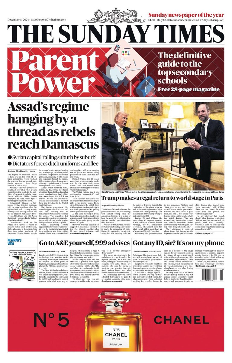 ukpapers's tweet photo. 🇬🇧 Assad's Regime Hanging By A Thread As Rebels Reach Damascus

▫Fighters begin to encircle Damascus and claim senior state officers want to defect
▫@stephglinski

#frontpagestoday #UK @thetimes 🇬🇧 https://t.co/7SSPyadPsA