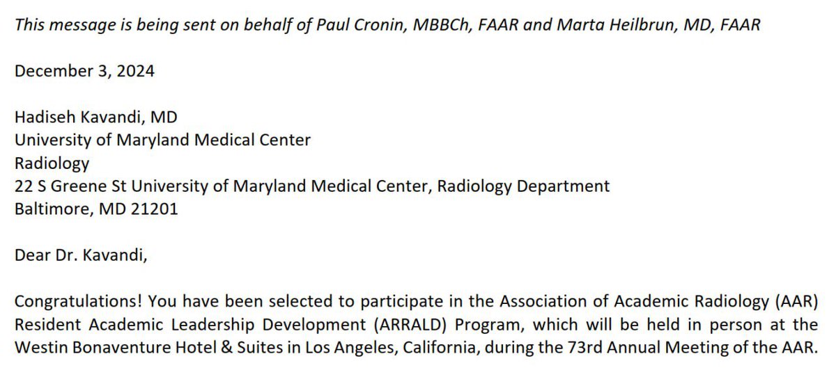 Thrilled and deeply honored to have been selected for the Association of Academic Radiology Resident Academic Leadership Development Program (ARRALD) in Los Angeles.
Grateful to the <a href="/UMMCRadiology/">UMMCRadiology</a> for its unwavering support and encouragement.