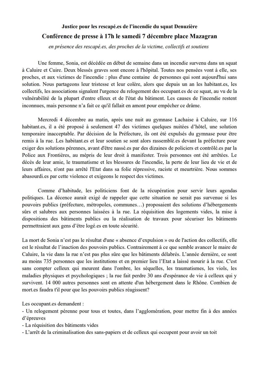 Hommage a Sonia décédée dans l'incendie du squat Denuzieres.

Cagnotte de solidarité avec les rescapés :
helloasso.com/associations/l…
Un toit c'est un droit !