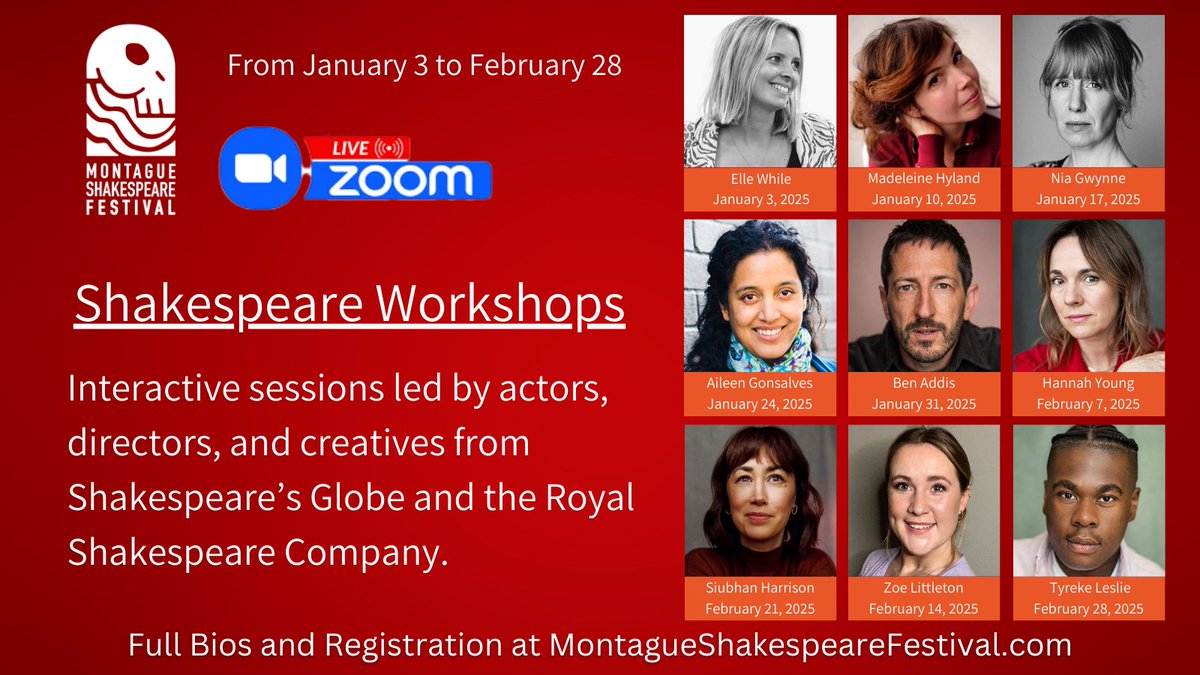 The Digital Bard: Live Shakespeare Workshops Online
Attention all Shakespeare enthusiasts! The Montague Shakespeare Festival is proud to announce its exclusive Live Zoom workshops running from January 3 to February 28. Led by acclaimed actors, directors, and creatives from