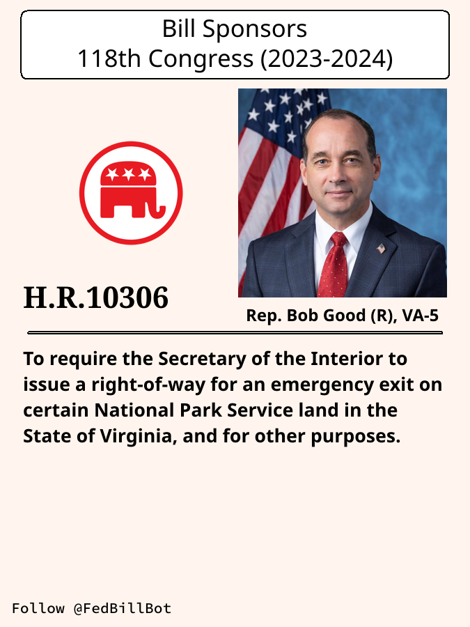 FedBillBot's tweet image. H.R.10306
To require the Secretary of the Interior to issue a ...

SPONSOR: @RepBobGood @GoodForCongress
№ CO-SPONSORS: 0

STATUS: Introduced

LATEST ACTION: House floor - 2024-12-05 Referred to the House ...

#Republicans

congress.gov/bill/118th-con…