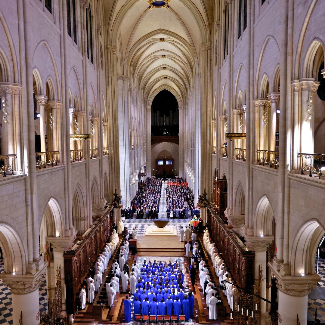 FoxBusiness's tweet photo. FROM THE ASHES: Notre Dame opened its doors for the first time since it was nearly destroyed in a fire in 2019. World leaders, including President-elect Trump, gathered in Paris for the solemn ceremony. https://t.co/niKzBAqQUn