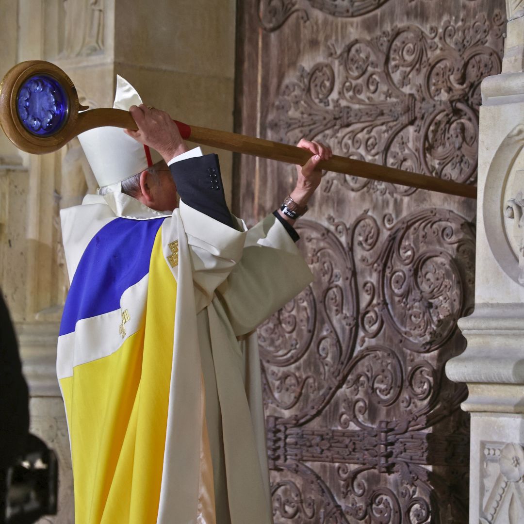 FoxBusiness's tweet photo. FROM THE ASHES: Notre Dame opened its doors for the first time since it was nearly destroyed in a fire in 2019. World leaders, including President-elect Trump, gathered in Paris for the solemn ceremony. https://t.co/niKzBAqQUn