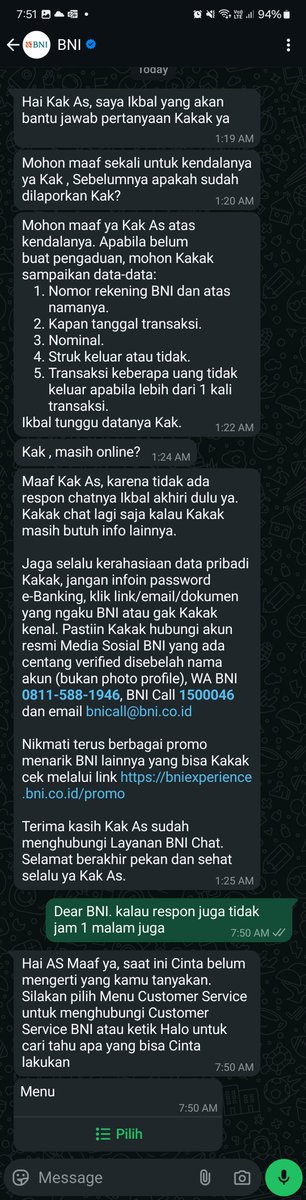 aninkovsky's tweet photo. Mohon maaf @BNICustomerCare dan @BNI, saya mendapat kesan aduan ATM BNI error saya tidak ditangani serius! Padahal ini adalah uang saya sebagai nasabah yang hilang akibat error sistem ATM. Tidak ada kejelasan dan CS pun membalas sekenanya jam 1 malam! https://t.co/nNercq2Rg4