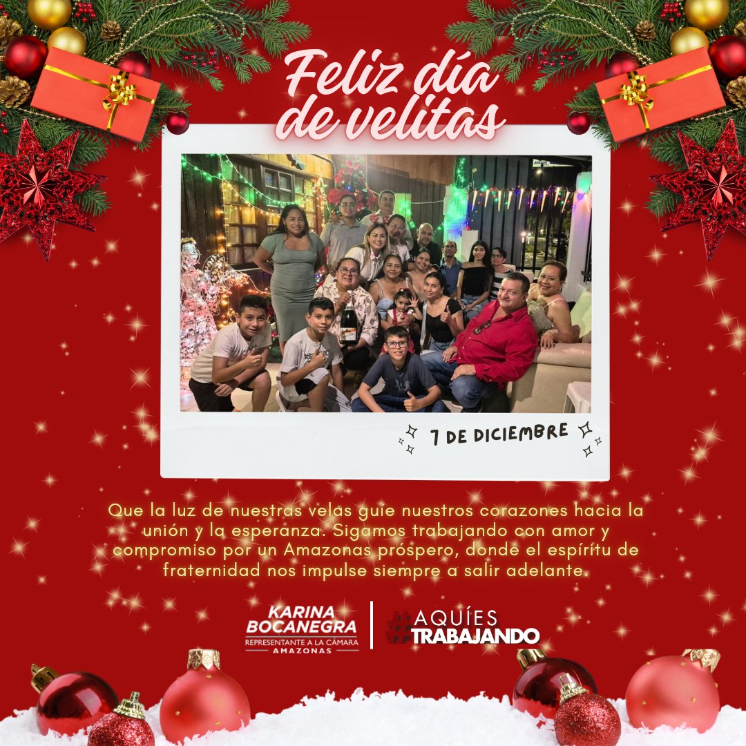 En este #DíaDeVelitas🕯🎄, que la luz de cada vela que encendemos se convierte en un faro de esperanza, que nos invite a unirnos en fraternidad, a compartir sonrisas, abrazos y buenos deseos.

Con cariño, familia León Bocanegra 🎄🕯🎁✨️