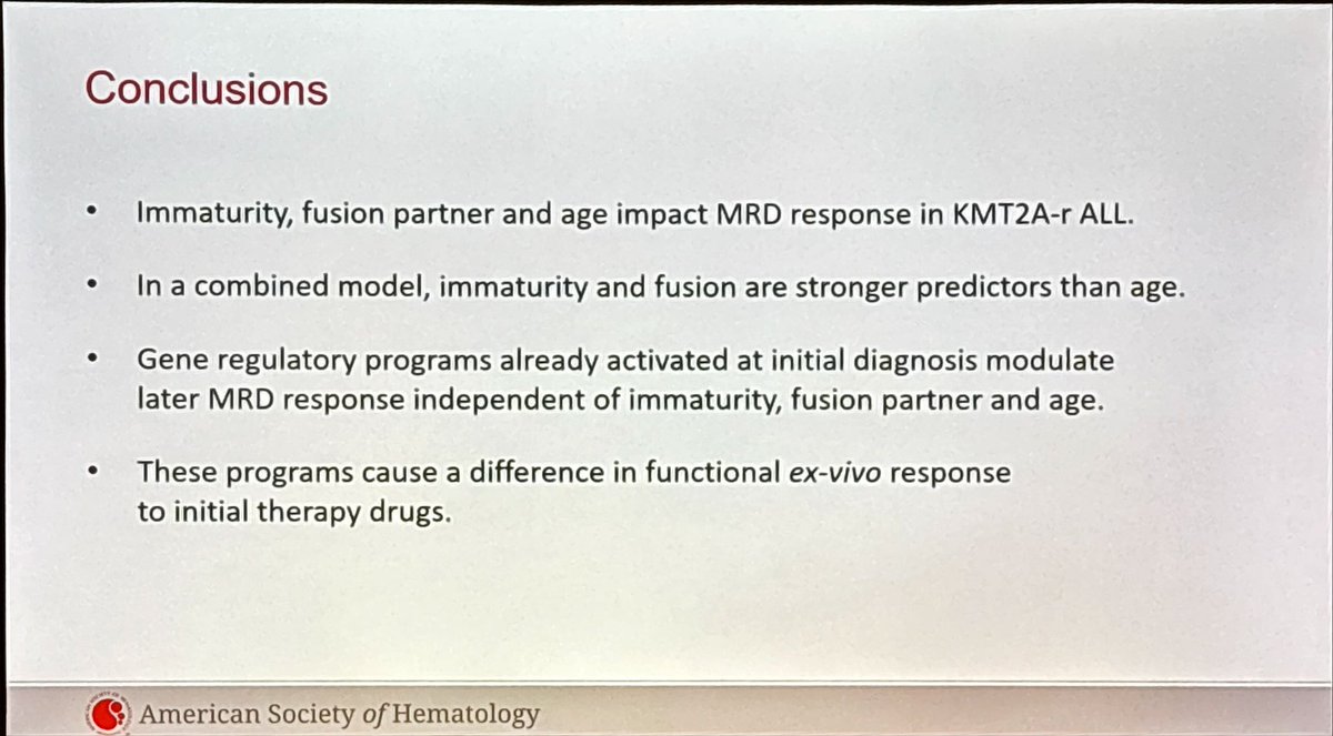 Amazing talk at #ASH24 by Alina M. Hartmann on KMT2A-rearranged BCP-ALL. Immaturity and fusion partner could predict drug response and outcomes better than age. #Hematology #ALL