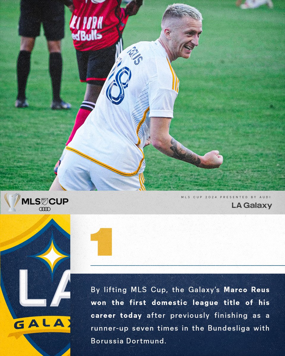 MLS_PR's tweet photo. By lifting @MLS Cup today, the @LAGalaxy’s Marco Reus won the first domestic league title of his career today after previously finishing as a runner-up seven times in the Bundesliga with Borussia Dortmund. https://t.co/oP0kqOcHbD