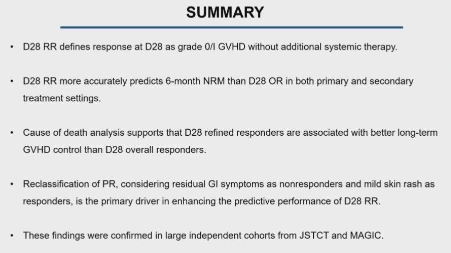 GvHD Hub (@gvhd_hub) on Twitter photo CONGRESS #ASH24 | PRESENTATION
Yu Akahoshi, <a href="/IcahnMountSinai/">Icahn School of Medicine at Mount Sinai</a> discussed refinement of Day 28 Treatment Response Criteria for aGvHD. Day 28 refined response is more accurate at precicting 6 month NRM compared to Day 28 OS. Refined responders are more likley to have better long-term CONGRESS #ASH24 | PRESENTATION
Yu Akahoshi, <a href="/IcahnMountSinai/">Icahn School of Medicine at Mount Sinai</a> discussed refinement of Day 28 Treatment Response Criteria for aGvHD. Day 28 refined response is more accurate at precicting 6 month NRM compared to Day 28 OS. Refined responders are more likley to have better long-term